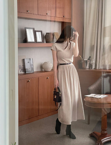 Shua Back Button Repeat Flare Knit One Piece (Belt set)